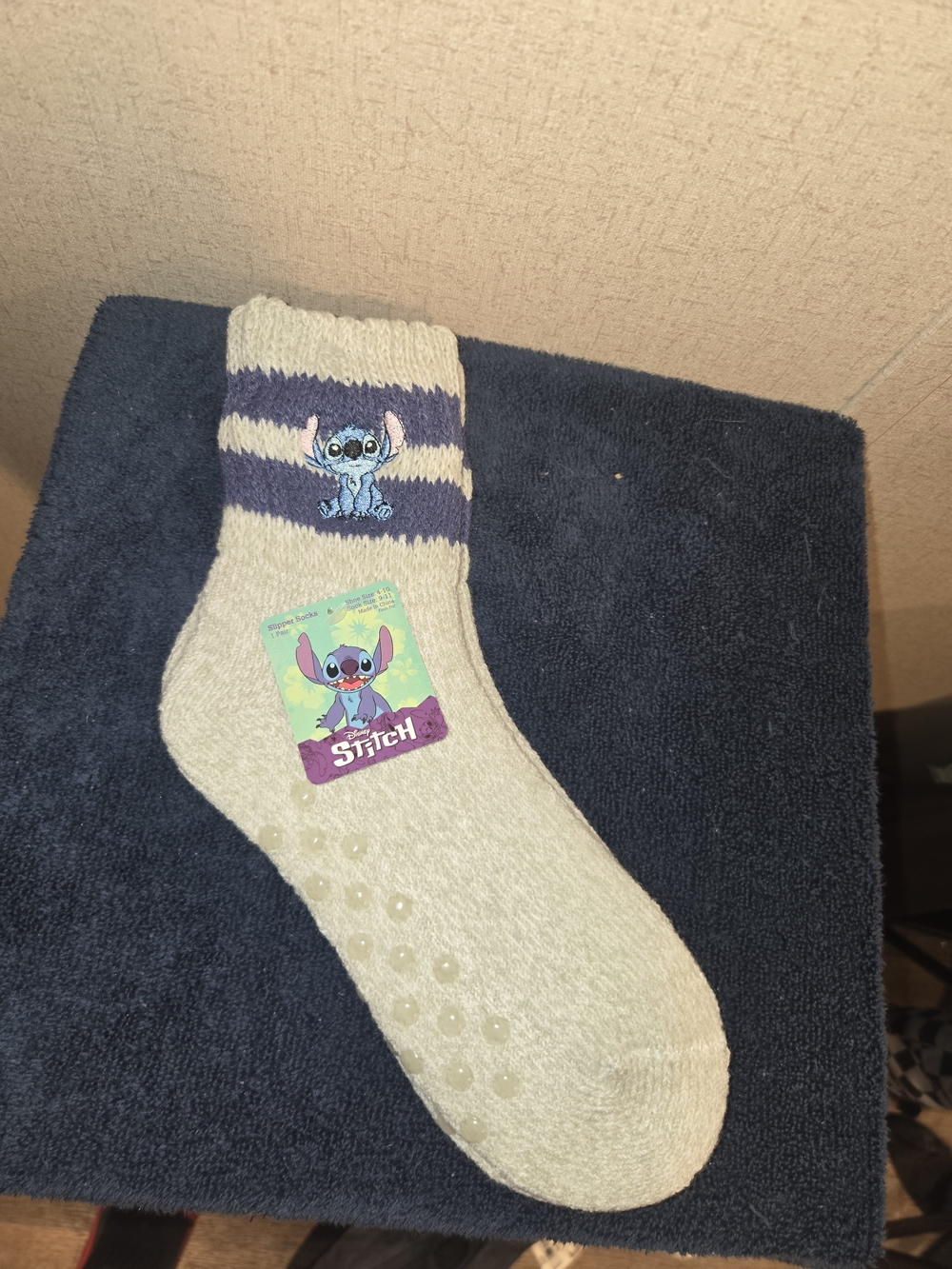 Cozy Cream & Navy Stitch Fuzzy Slipper  Socks